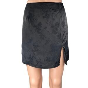Mi Ami Black Silk Satin Floral Jacquard Slit Zipper Mini Straight Pencil Skirt M